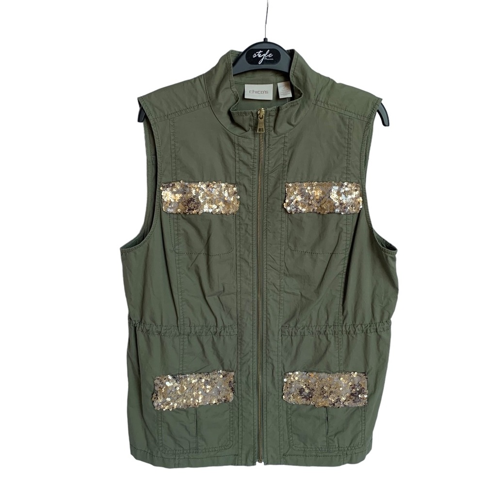 Chico’s Olive Green Vest with Gold Sequins Size Large NWOT